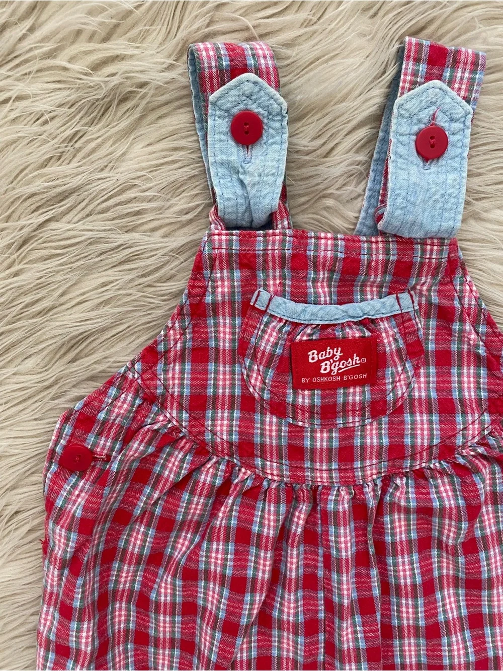 Vintage Oshkosh B’gosh 90s Red Blue Plaid One Piece Overalls Jumpsuit 24 Months
